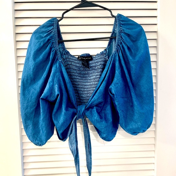 Plus Sz 1X Bow Front Tie Denim Crop Top 100% Cotton - Picture 5 of 12